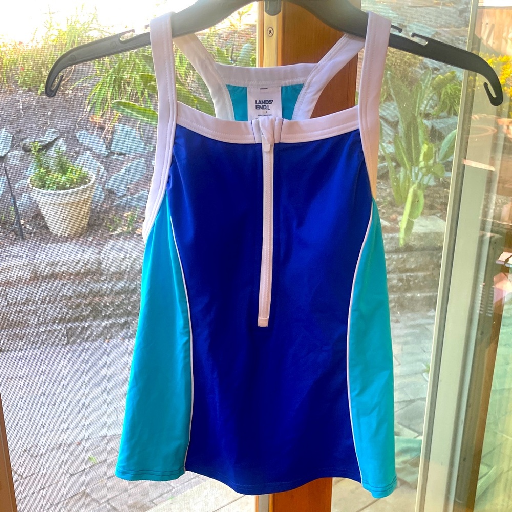 Lands’ End High Neck Zip Racerback Tankini Electric blu turquoise white Sz 2 NWT